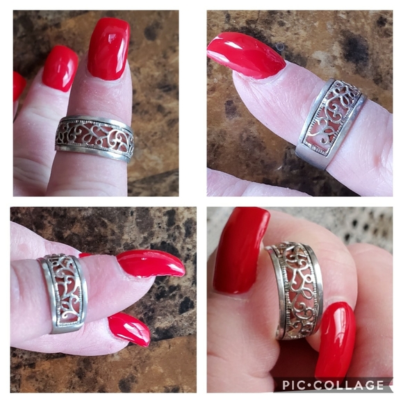Sterling Silver Scroll Design Wide Band Ring 7.5 - Picture 3 of 6